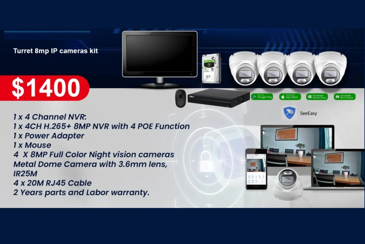 Au vision 8MP Turret CCTV Camera Combo Package 4CH NVR Kit 4 x Dome Cameras DEAL