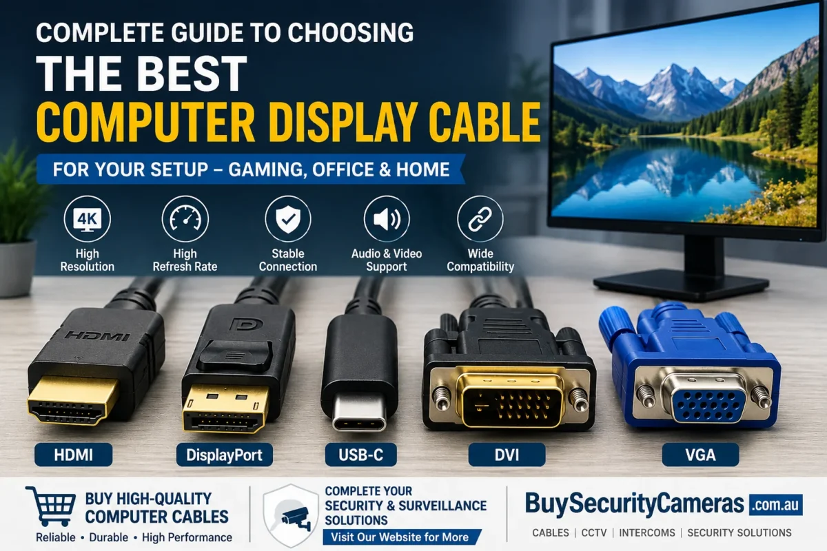 Infographic showing HDMI, DisplayPort, USB-C, DVI, and VGA cables for choosing the best computer display cable.
