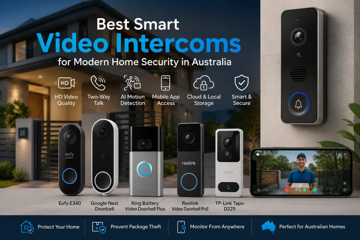 Best smart video intercoms for modern home security in Australia featuring Eufy, Ring, Google Nest, Reolink, and TP-Link smart doorbell systems with mobile app monitoring and HD video features.