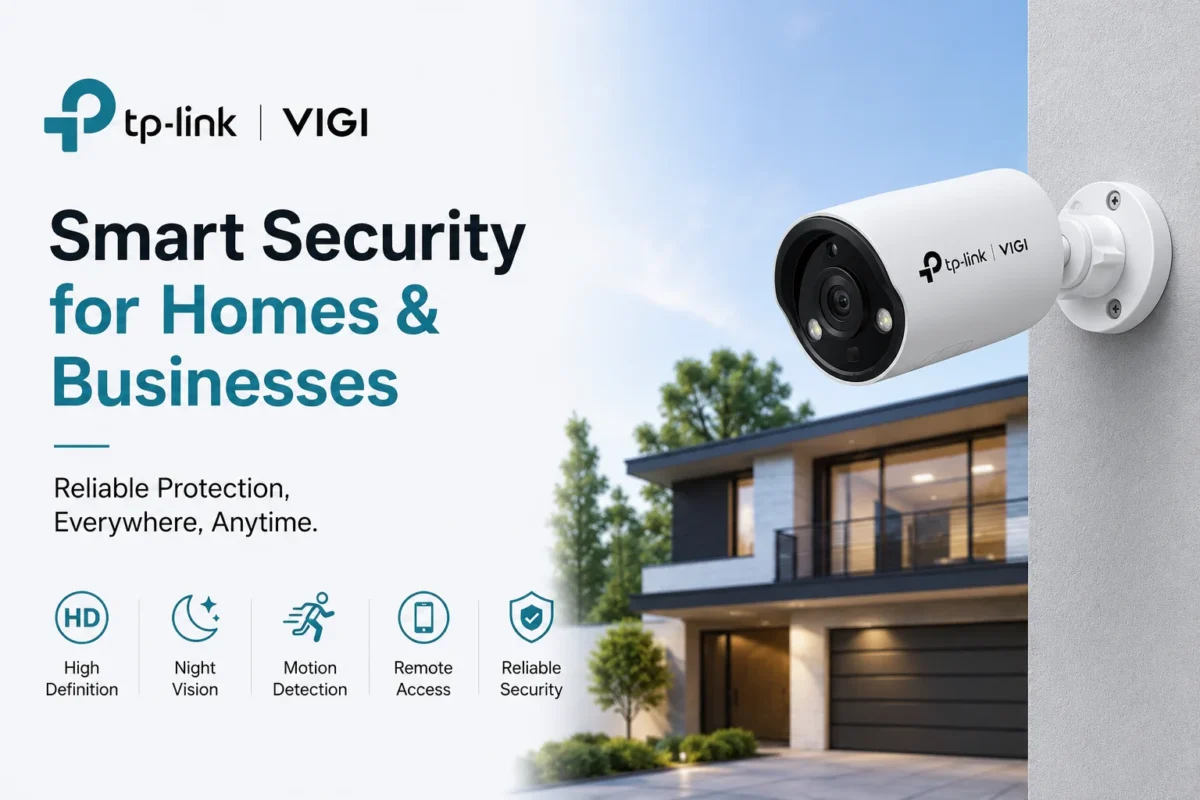 TP-Link VIGI security camera installed outside a modern home for smart home and business surveillance protection.