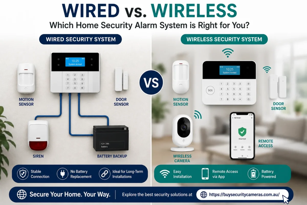Comparison infographic showing wired vs wireless home security alarm systems with sensors, cameras, alarm panels, and smart monitoring features for modern home protection.