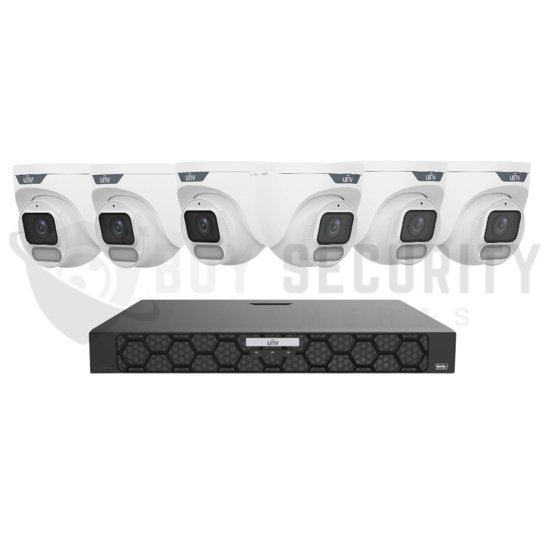 Uniview 6x 8MP OwlView Security Kit – 6 Turret Cameras with IQ Series NVR, Warm Light ColorHunter & Built-in Mic CCTV System Uniview 6x 8MP OwlView Security Kit – 6 Turret Cameras with IQ Series NVR, Warm Light ColorHunter & Built-in Mic CCTV System