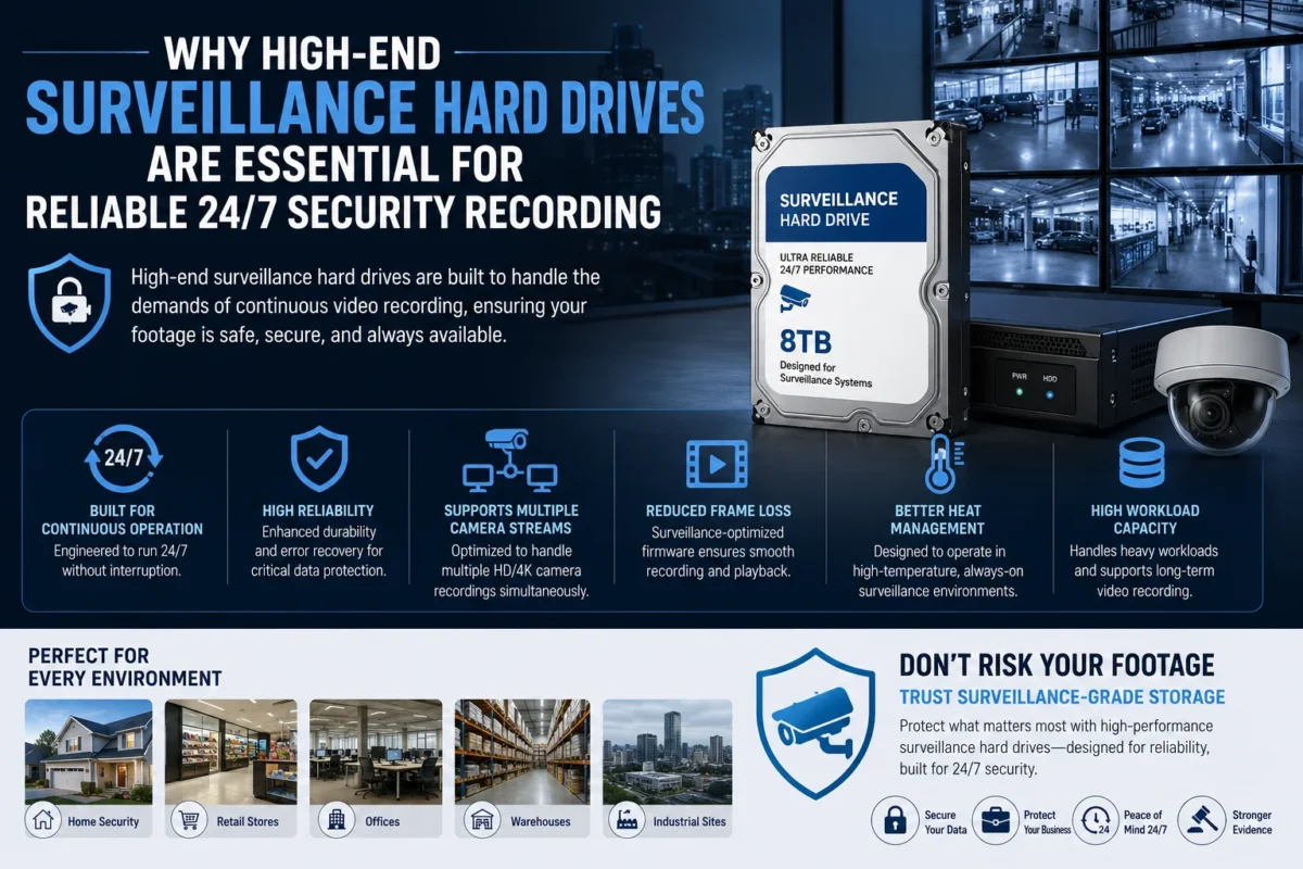 High-end surveillance hard drive connected to a CCTV security system with multiple camera feeds, illustrating reliable 24/7 video recording and secure data storage.