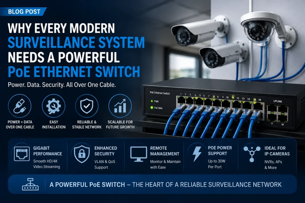 High-performance PoE switch connected to security cameras for efficient surveillance system management.