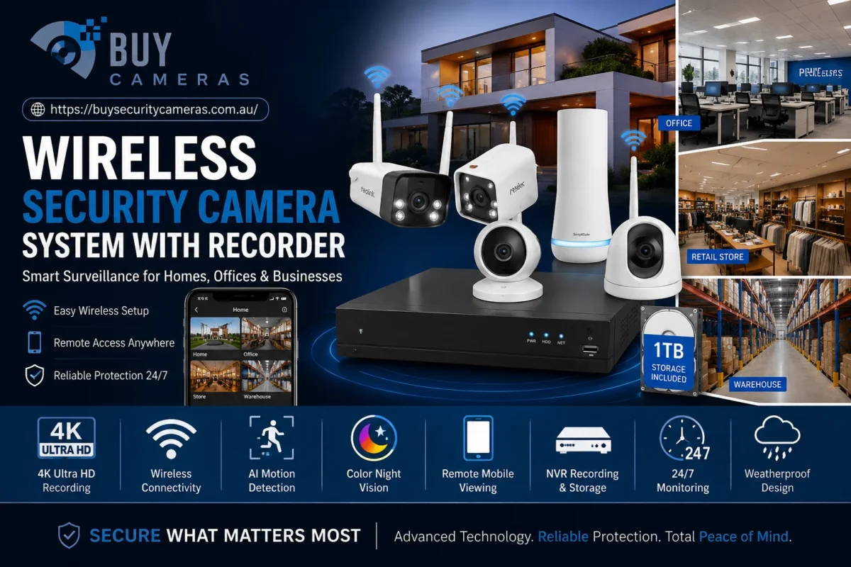 Wireless security camera system with recorder for homes, offices, and businesses.