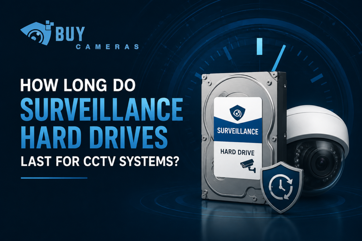 Surveillance hard drive standing beside a CCTV dome camera on a dark blue tech background with Buy Security Cameras logo.