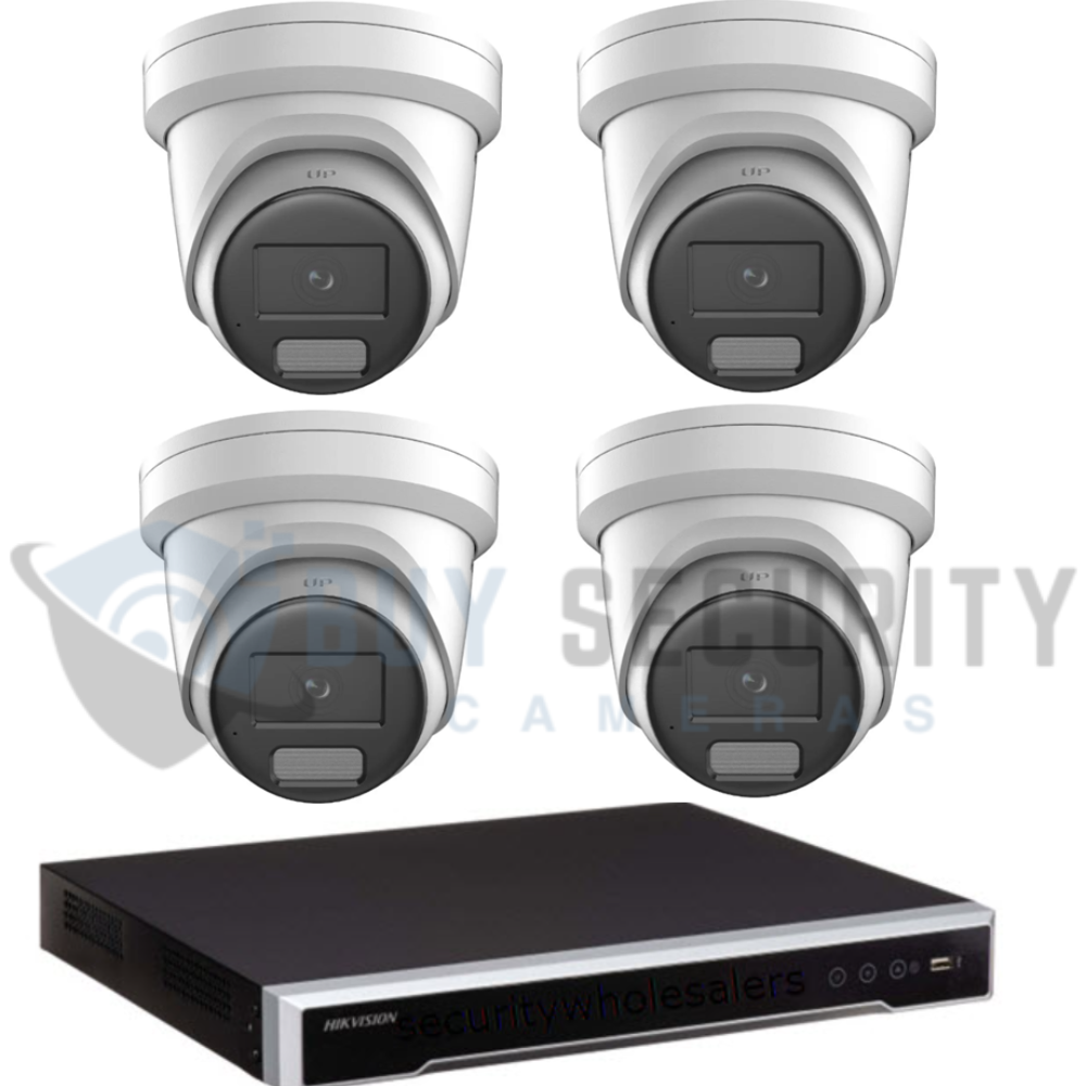 8MP Colorvu 3.0 Hybrid CCTV Kit 4 x DS-2CD2387G3-LIS2UYSL Liveguard Gen3 Cameras + 4CH M Series NVR Hikvision 8MP ColorVu 3.0 CCTV kit with 4 LiveGuard turret cameras and 4-channel M-Series NVR