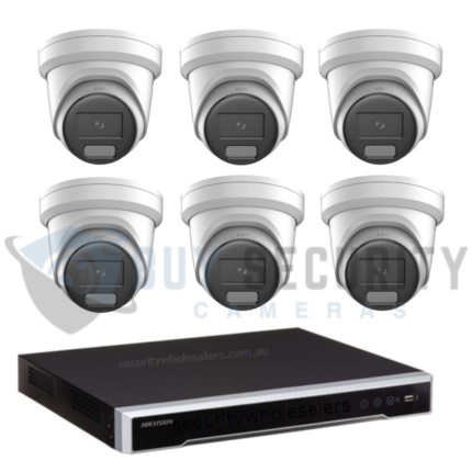 Hikvision ColorVu 3.0 security kit with six Liveguard Gen 3 turret cameras and an 8-channel M Series NVR.