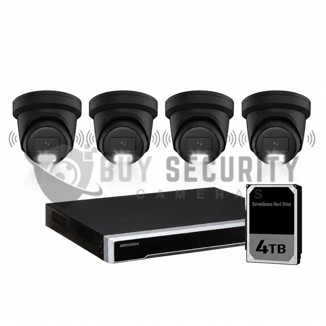 Hikvision 8MP Acusense 4 x Outdoor Turret With Strobe & Siren + 8CH NVR CCTV Kit BLACK