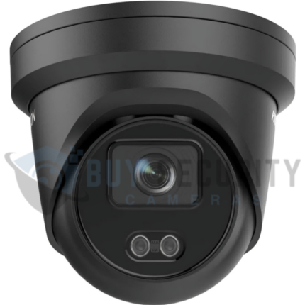 Hikvision black outdoor turret security camera with ColorVu full-color night vision and dual LED illuminators.