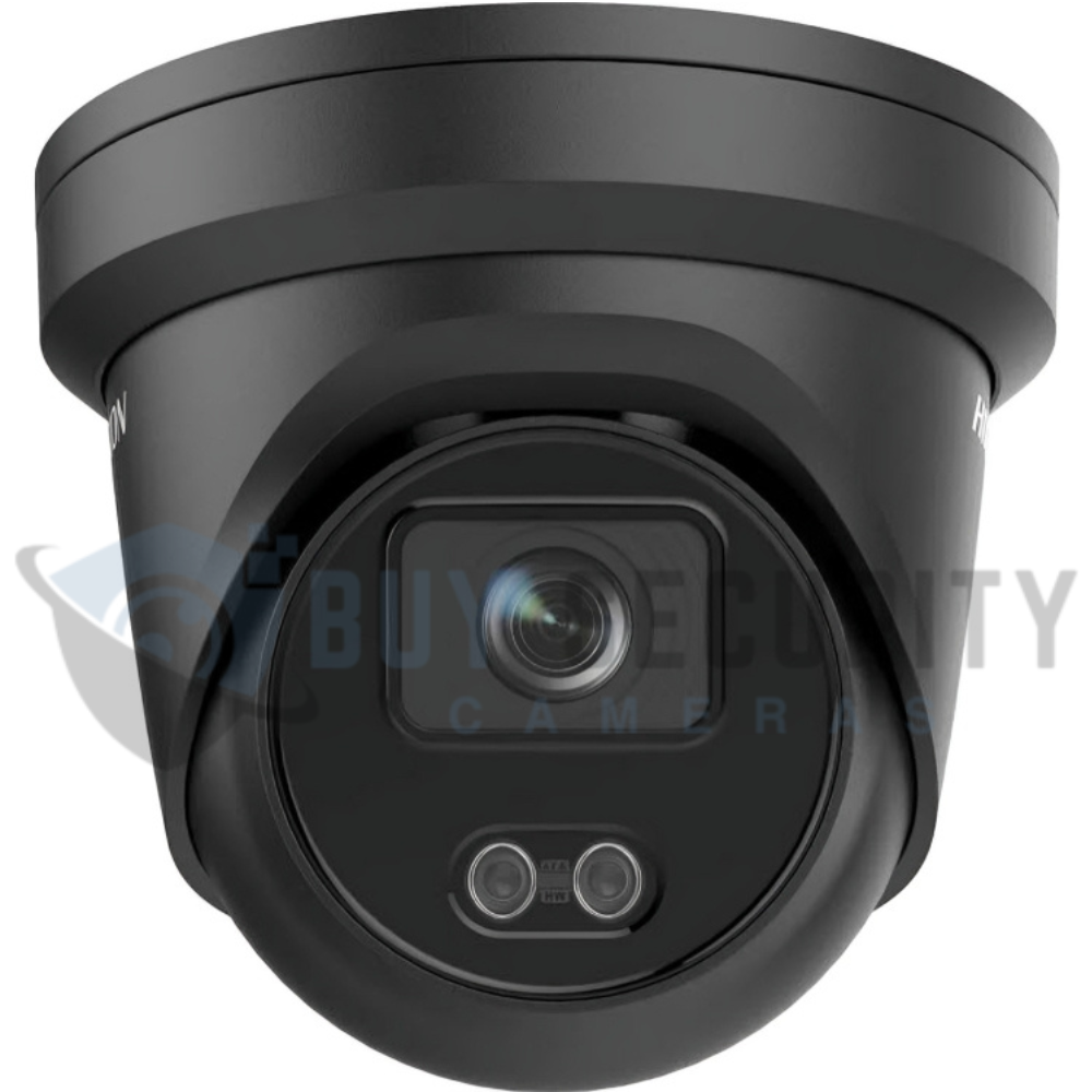 -LU 4MP Gen2 Outdoor ColorVu BLACK Turret Camera with Acusense & Mic 30m White LED 2.8mm Hikvision black outdoor turret security camera with ColorVu full-color night vision and dual LED illuminators.