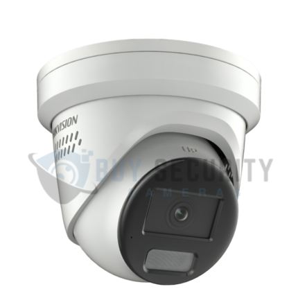 Hikvision outdoor turret security camera featuring Smart Hybrid Light technology, built-in microphone, and compact white casing.