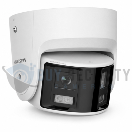 Hikvision 6MP ColorVu dual lens turret security camera with built-in strobe light and speaker.