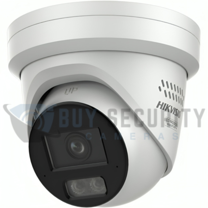 Hikvision Corrosion-Resistant outdoor turret security camera with Smart Hybrid Light and built-in speaker.