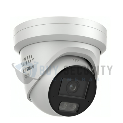 Hikvision 8MP 4K ColorVu 3.0 Smart Hybrid Light turret camera with active deterrence strobe light and built-in speaker.