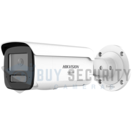 Hikvision 8MP ColorVu 3.0 LiveGuard bullet camera with active strobe light and built-in speaker.