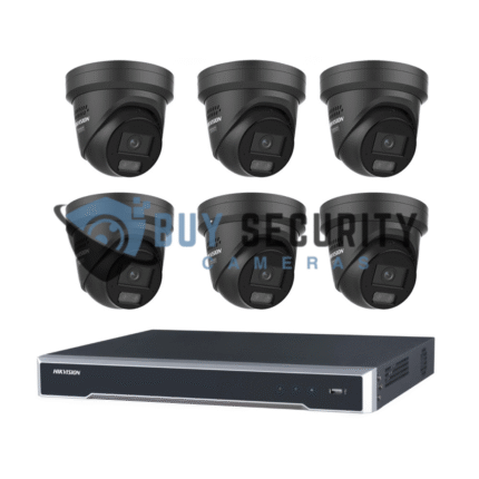 Hikvision 6MP 8CH CCTV Kit: 6x Black Liveguard Acusense Turret Cameras with Strobe, Audio, Smart Light + 8CH PoE NVR