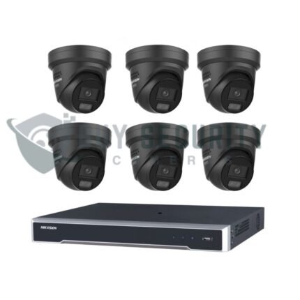 Hikvision 6MP 8CH CCTV Kit: 6x Black Liveguard Acusense Turret Cameras with Strobe, Audio, Smart Light + 8CH PoE NVR