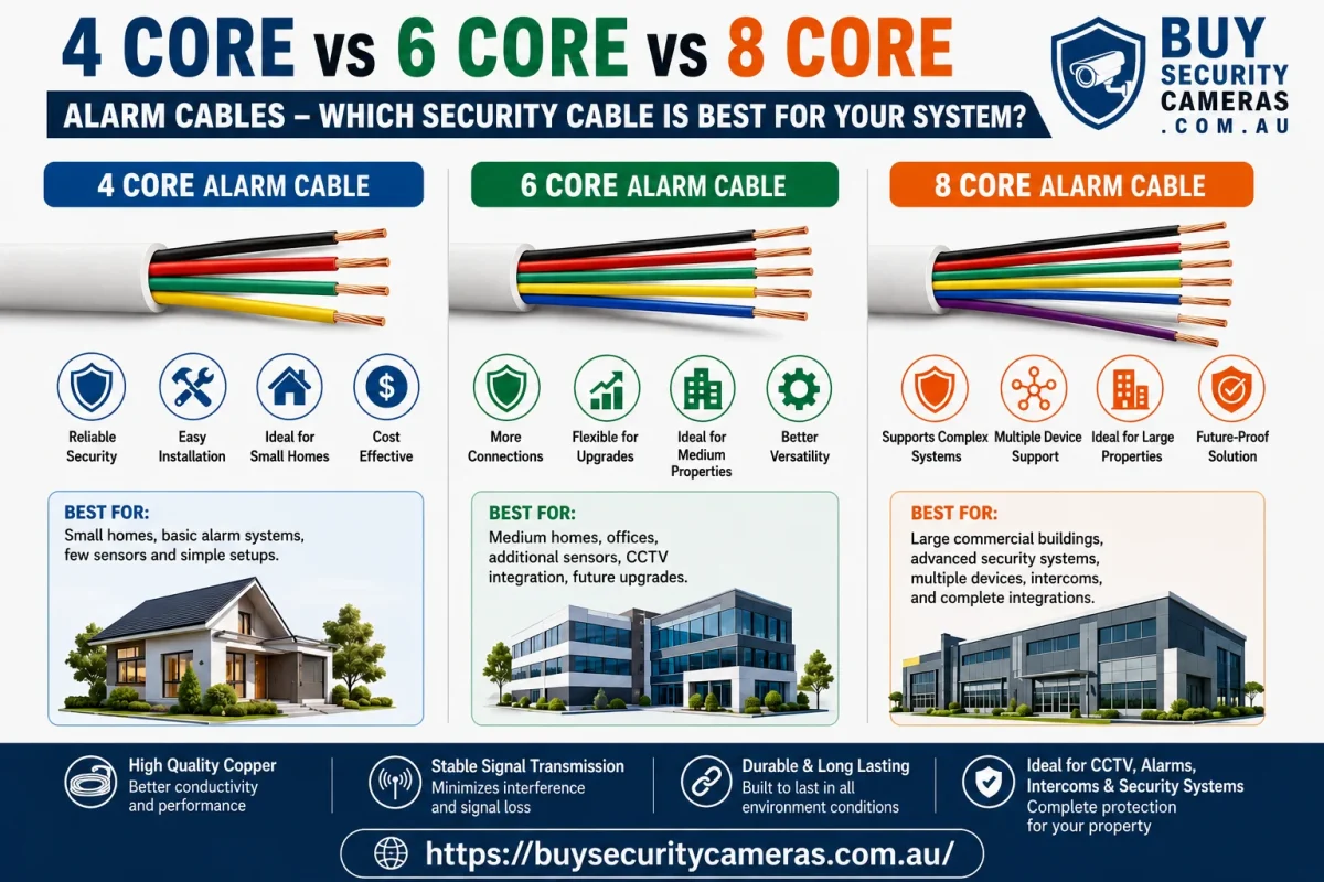 Comparison infographic of 4 core, 6 core, and 8 core alarm cables for CCTV and security systems.