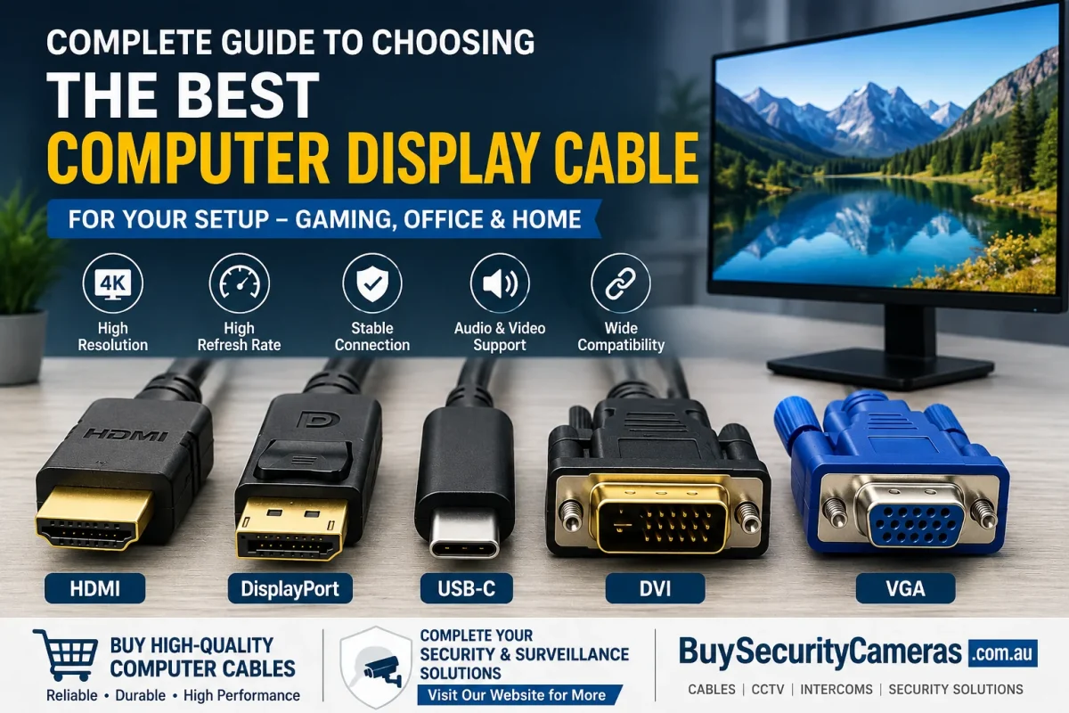 Infographic showing HDMI, DisplayPort, USB-C, DVI, and VGA cables for choosing the best computer display cable.