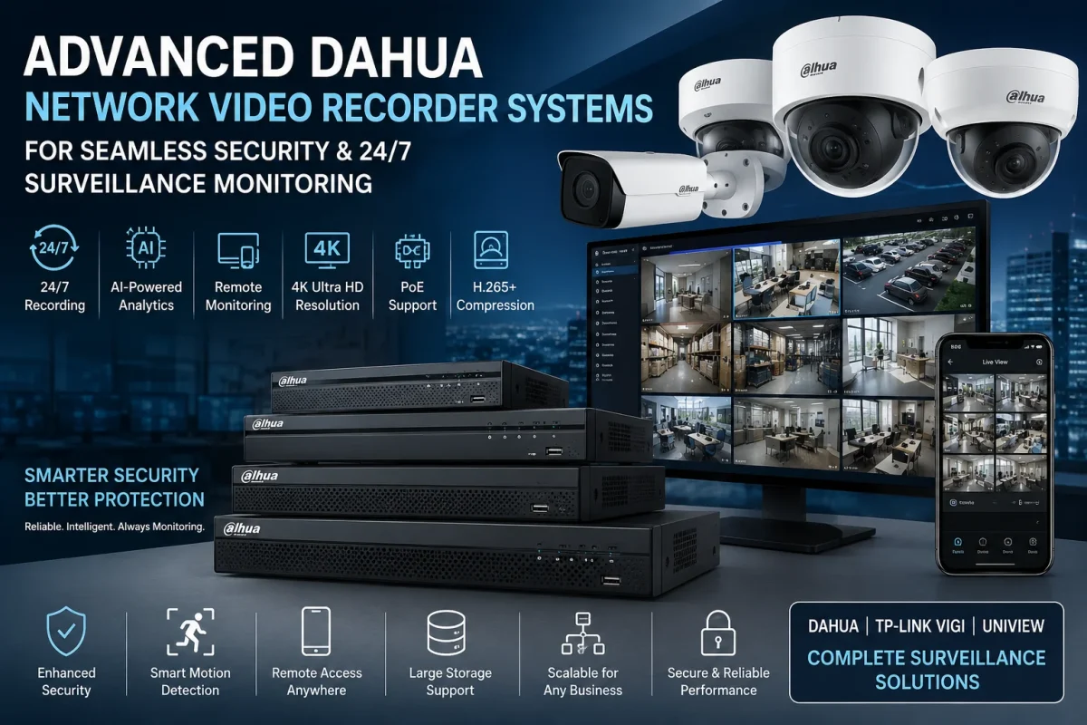 Advanced Dahua Network Video Recorder system with multiple surveillance camera feeds for 24/7 security monitoring and smart video surveillance.