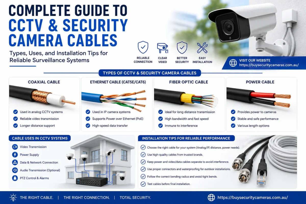 Complete guide to CCTV and security camera cables including coaxial, Ethernet, fiber optic cables, and installation tips for reliable surveillance systems.