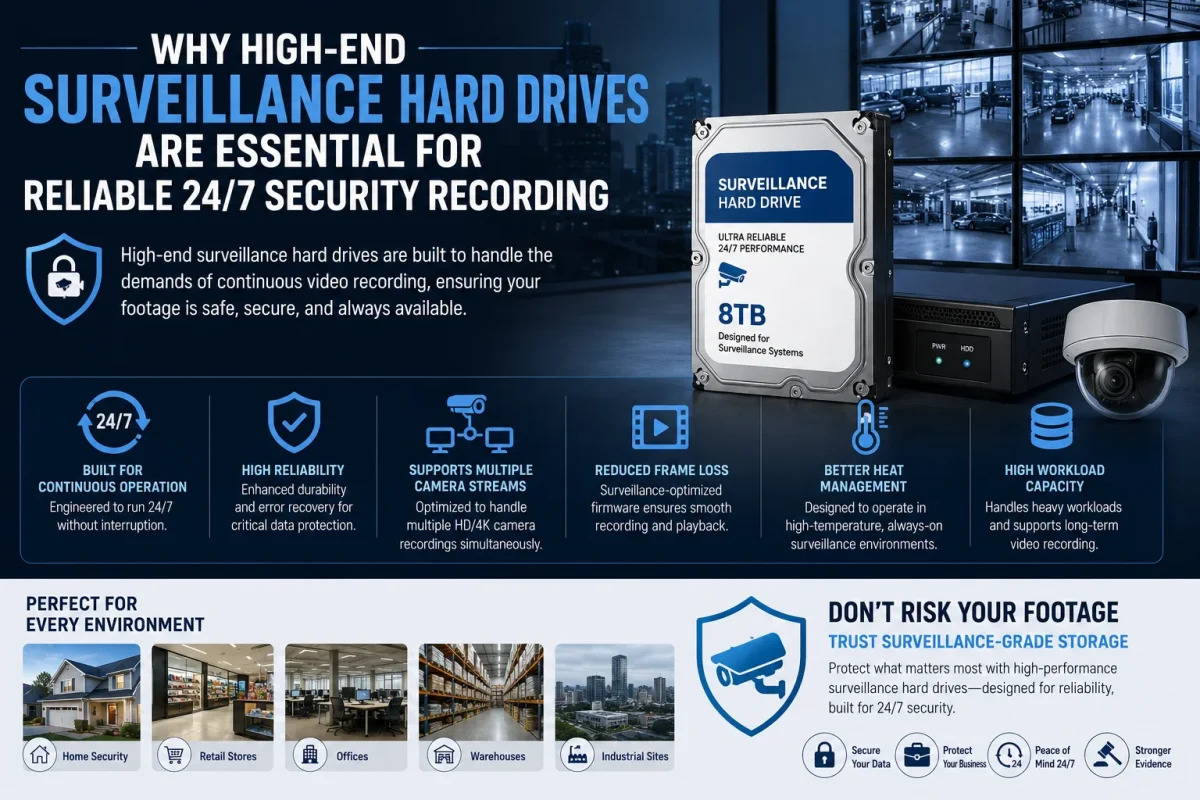 High-end surveillance hard drive connected to a CCTV security system with multiple camera feeds, illustrating reliable 24/7 video recording and secure data storage.