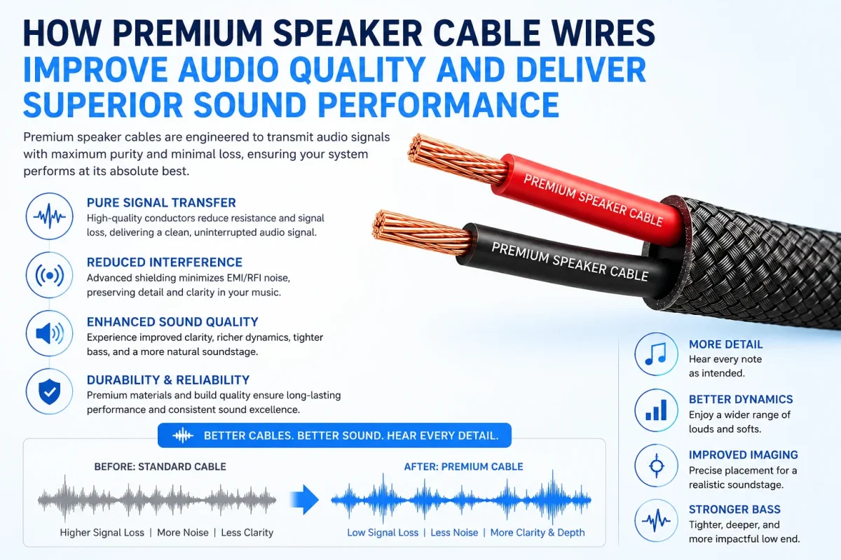 Premium speaker cable wires connected to high-end audio speakers and amplifier, delivering crystal-clear sound quality and superior audio performance.